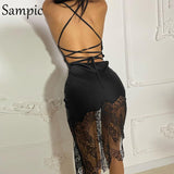 2021 Summer Lace Patchwork Stain Sexy Party Club Mini Wrap Dresses Women Backless White Black Bandage Bodycon