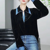 Solid Color Denim Spliced Blouse Commute Turn-down Collar 2023 Spring Autumn Women's Clothing Long Sleeve Straight Shirt-Outfit