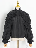 Striped Patchwork Ruffle Blouse For Women Stand Collar Long Sleeve Elegant Shirt Female Fashion Clothing