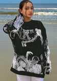 Casual Black Print O-Neck Long Sleeve Loose