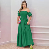 Women's Spring And Summer New Word Shoulder Print Folds Skirt Short Sleeve