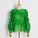 Loose Patchwork Floral Shirt For Women Round Neck Lantern Sleeve Solid Blouses Female Spring Clothes Style New