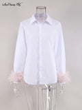 Feather Cuffs Women Stitching Furry White Shirt Elegant 2022 Patchwork Chic Blouse Vintage Loose Ladies Lapel