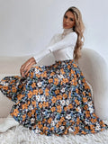 Printed Modest High Waist Elastic Waist Print Midi A-Line