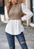 Fake Two Shirts For Women 2023 Casual O-neck Puff Sleeve Wave Blouse Autumn Fashhion Slim Button Top Femme-Outfit