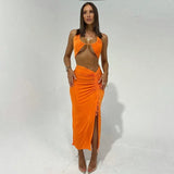 Backless Halter Crop Top Women And Ruched Midi Skirts Wrap Drawstring Bodycon Matching Set Party Club Outfit 2 Piece