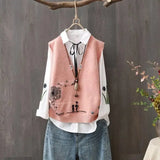 Autumn V-Neck Female Embroidery Sweater Vest Fashion Shirt Two Piece Set Women's Clothing Loose Sleeveless Knitted Tops-Outfit