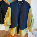 Autumn Fake Two Pieces Spliced Shirt Pockets Female Clothing Casual Loose Single-breasted Korean Basic Solid Color