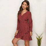 Summer Chiffon Dress Women Print Dot Boho Beach Dresses Casual Ruffle Long Sleeve A-line Mini Party Dress
