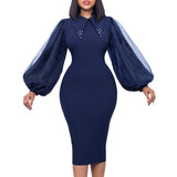 Women's Spring And Autumn Long-Sleeved Large-Size Bag Hip Nail-Bead Mesh Splicing Commuter Pencil Skirt