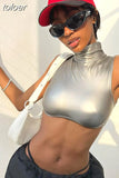 Summer Sexy silver Crop Top Club Outfit For Women 2023 Turtleneck Button Sleeveless Corset Tank Tops Party Casual