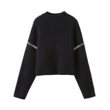 Sweater Autumn Round Neck Pullovers Sweater Warm Knitted Chic Contrast Color Splicing Thread Sweater Jumpers Tops-Outfit
