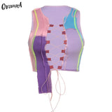 Women Ribbed Sexy Hollow Out Clubwear Y2K Top Striped Patchwork Stretchy Bandage Drawstring Sleeveless Party