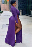 Plus Size Sexy High-Neck Long Sleeve Wasit Tie Slit Long
