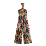Women Chic Fashion With Belt Floral Print Jumpsuits Vintage Halter Neck Backless Female Playsuits