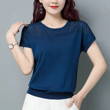 Summer Women's Pullover Round Neck Hollow Solid Short Sleeve Tee T-shirt Fashion Casual Elegant Holiday Office Lady Tops-Outfit