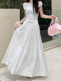Fatmm Cake White Dress Autumn Big Umbrella Skirt Folded Tight Body Fat Long