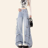 Tie Jeans Women Autumn New Retro Loose Broad Legs Drag Long Pants