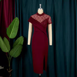 Large-Size New Round-Neck Lace Retro Dress Lotus Side Short-Sleeved Performance Costume