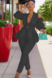 Elegant Ruffles Lace Cut Out Shoulder Long Sleeve Blazer And Pant