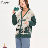 Women Knit Cardigan 2022 Autumn Long Sleeves V Neck Loose Sweaters Panda Jacquard Green Casual Chic