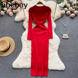 Solid Sexy Sweater Dress 2022 Women O Neck Long Sleeve Maxi Long Dress Autumn Streetwear Knitted Bodycon