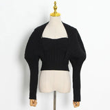 Casual Knitted Women's Suit Square Collar Sleeveless Top Solid Long Sleeve Coat Slim Two Piece Set Women 2021