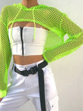New Spring Streetwear Neon Green Mesh Fishnet Top Women Tshirt Perspective Long Sleeve Women's T-shirts Sexy Cropped Shirt-Outfit
