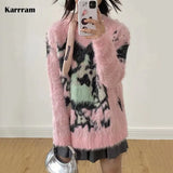 Y2k Aesthetics Mohair Sweater 2000s Harajuku Kawaii Pullover Grunge Fairycore Sweet Jumper E-girl Pink Fuzzy