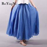 Linen Cotton Vintage Skirt Women Solid Beach Boho Pleated Maxi Skirts Summer Fashion Retro Elastic Waist Saia