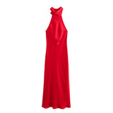 Women's Clothing 2025 Spring Festive Dress Hanging Neck Collar Silk Texture Dew Back