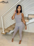 Streetwear Womens 2 Two Peice Sets Outfits Sleeveless Ribbed Tank Top Skinny Pants Suits Black Gray Matching Sets