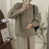Collar Solid Color Knitted Button Cardigan Women's Long Sleeved Autumn New Style Loose Lazy Casual Sweater Jacket-Outfit