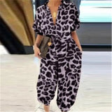 Leopard Print Jumpsuit Retro Summer Short Sleeve Lace-Up Playsuit Overalls Casual Button V-Neck Pocket Romper Bodysuit