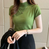 Knitted Turtleneck Blouse Women 2021 Summer Solid Slim Casual Clothing Women Short Sleeve Top Blusa Mujer De Moda 8622