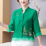 Women's Chiffon Half Sleeve V-Neck Flower Embroidered Pullover T-shirt Button Cardigan Casual Fashion Elegant Spring Summer Tops-Outfit