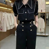 Lady Solid Color Matching Sets Stylish Bright Line Decoration Casual Polo-Neck Single-breasted Summer Elastic Pant