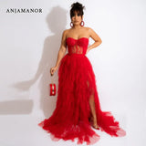 Elegant Sexy Evening Dresses 2022 Party Black Red See Through Lace Mesh Corset Maxi Dress Luxury Evening Gown