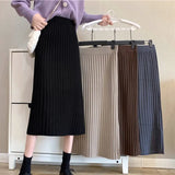 Fashion Autumn Winter Knitted Back Split Long Pleated Skirt Women Japan Style Black Mid-Length High Waist Skirt