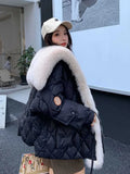 2022 Winter Duck Down Jacket Bat Sleeve Women Oversized Coat Fluffy Faux Fur Warm Parkas Big Fur Women Waterproof
