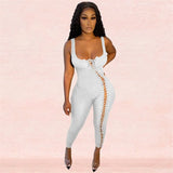 Bodycon Jumpsuits Women Summer 2021 Sleeveless Hollow Out Fitness One Piece Outfits Black Casual Bandage Jumpsuit