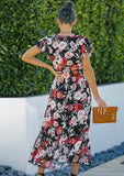 Printed Sweet V-neck Short Sleeves Floral Print Long