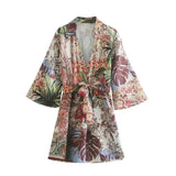 Women Chic Fashion With Belt Floral Print Mini Dress Vintage Three Quarter Sleeve Side Slit Female Dresses