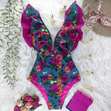 New Print Swimwear Deep V-Neck Ruffle Swimsuit Push Up One Piece Swimsuit Beach Wear Backless
