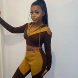 Autumn New Women's Solid Color Sexy Off-The-Shoulder Contrast Color Patchwork Hooded Sweater Leisure Sports