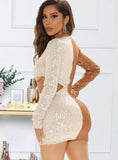 Contrast Color Cut Out Sexy Long Sleeve Sequin Mini Club