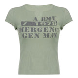 Letter Print Casual Short Sleeve Y2K T-Shirts Women Retro Green Vintage Streetwear Tee Female V Neck Basic Sweat