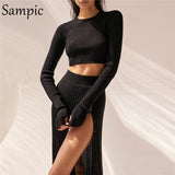 Khaki 2020 Two Piece Set Women Knitted Long Sleeve Pullover Sweater Tops And Midi Split Bodycon Pleated Skirt Set