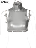 Summer Sexy silver Crop Top Club Outfit For Women 2023 Turtleneck Button Sleeveless Corset Tank Tops Party Casual