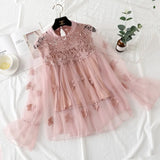 Women Tops Fashion Sexy Sheer Lace Blouse Lantern Sleeve 3D Floral Blouses Shirts Elegant Top Blusas